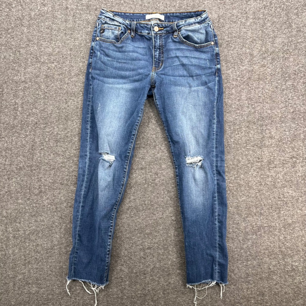 KanCan Womens Distressed Medium Wash Skinny Jeans Raw Hem Size 13 Mid rise Crop